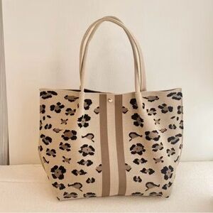 Beige Leopard Print Tote Bag with Striped Detail